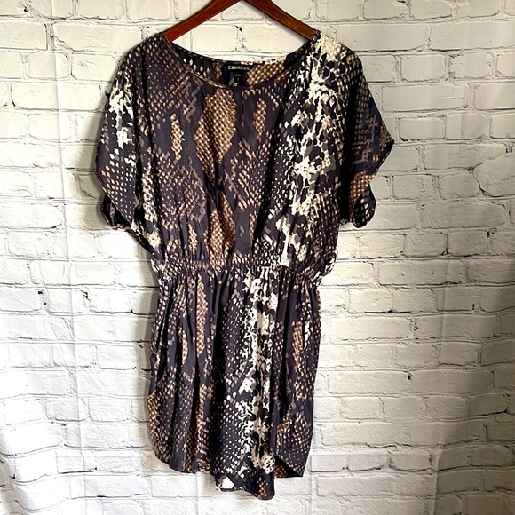 Express Dresses & Skirts - Express Silk Like Gray, Brown, White, Black Reptile Print Mini Dress Size S.